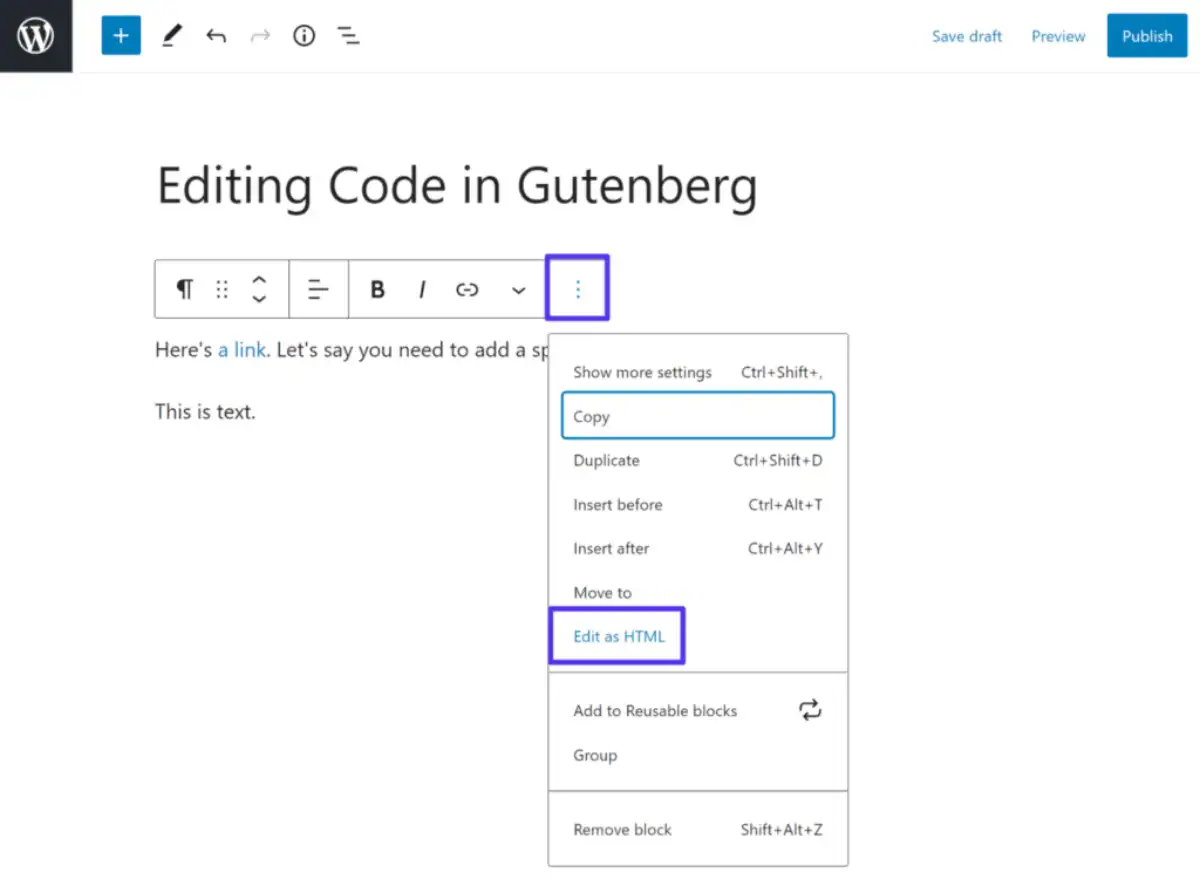 editing code in gutenberg