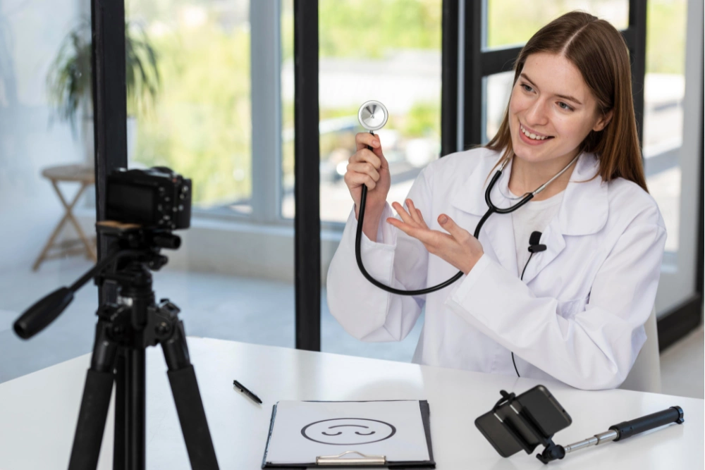 a woman holding a stethoscope and vlogging for creating valuable content