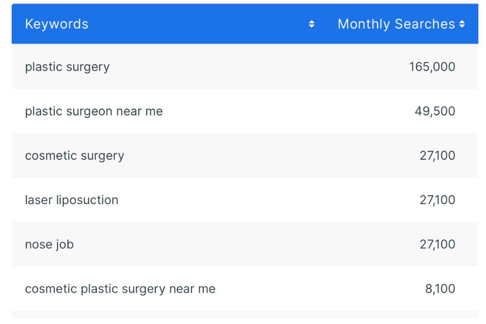 SEO for plastic surgeons, keywords and monthly searches