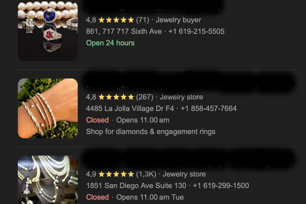 Screenshot of three jewelry store listings on Google Business Profile