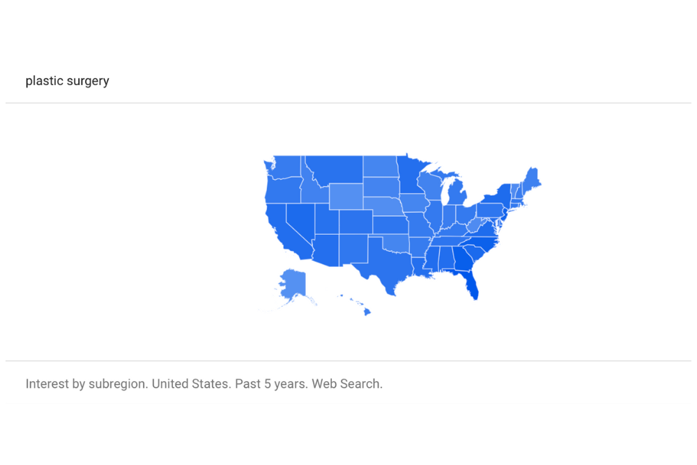 Google trend interest of plastic surgery in United States