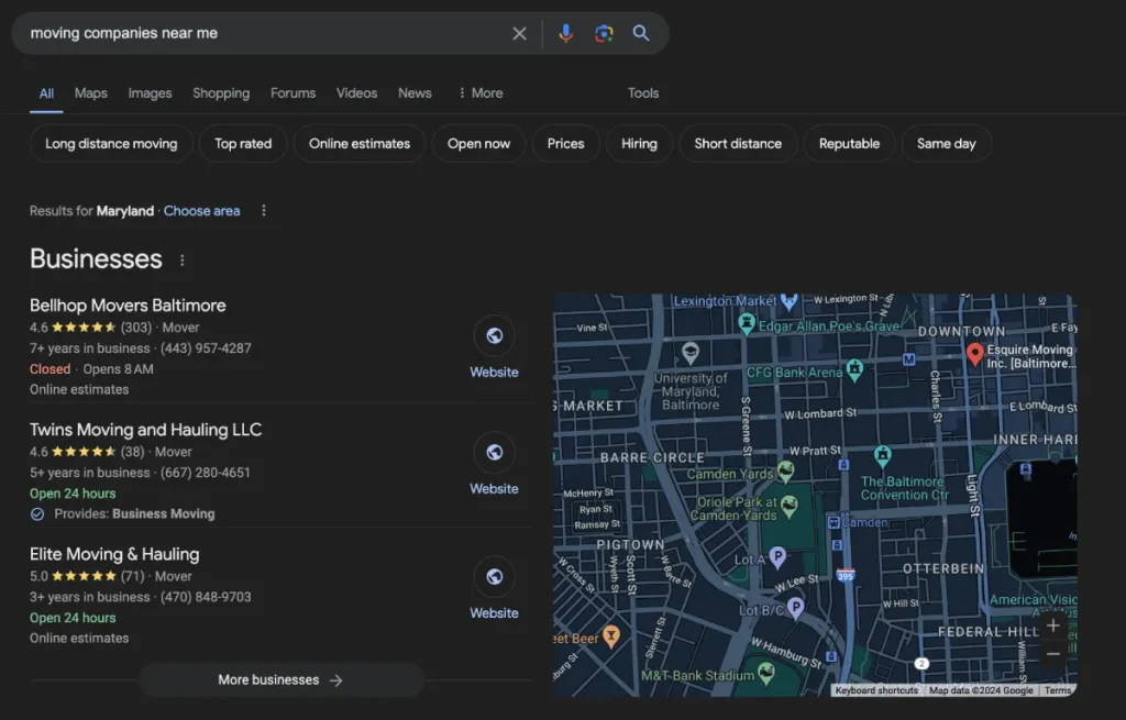Google search results for ‘moving companies near me’ showing top local businesses in Maryland with ratings and contact info