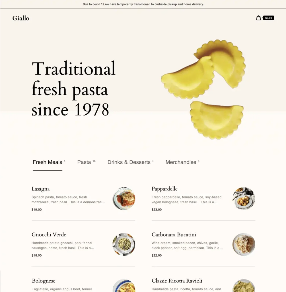 website ecommerce for restaurant example from shopify