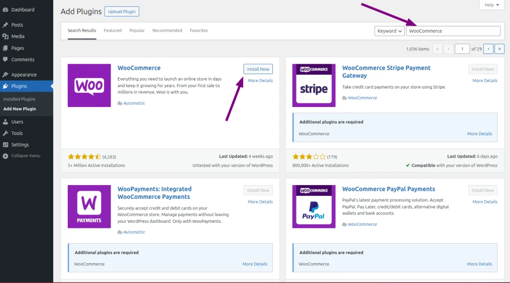 installing woocommerce plugin